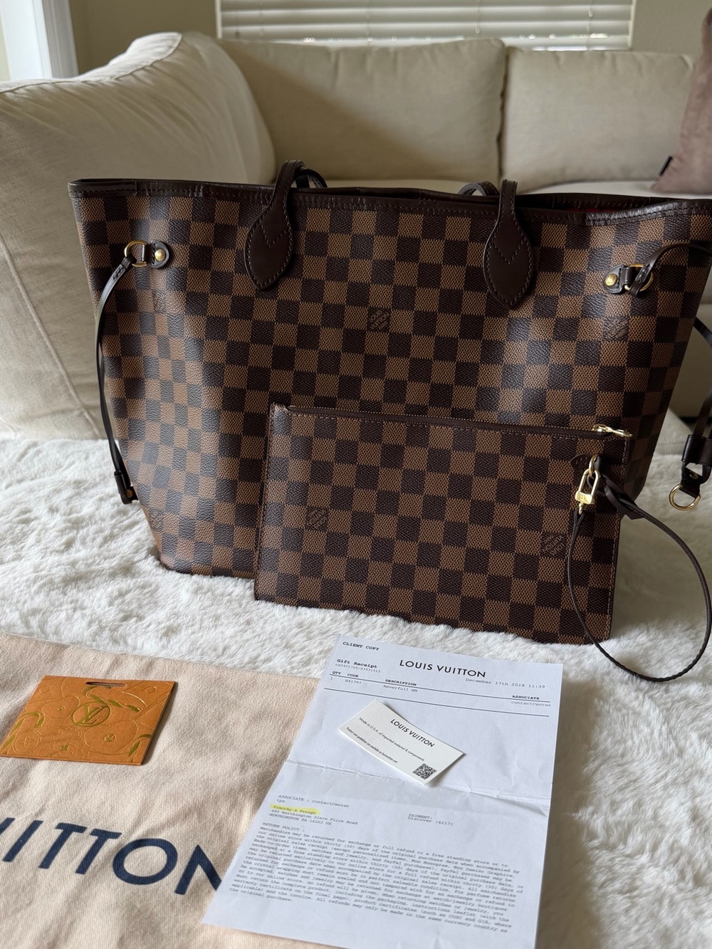 Louis Vuitton Damier Ebene Brown Neverfull MM Tote with Matching Pouch